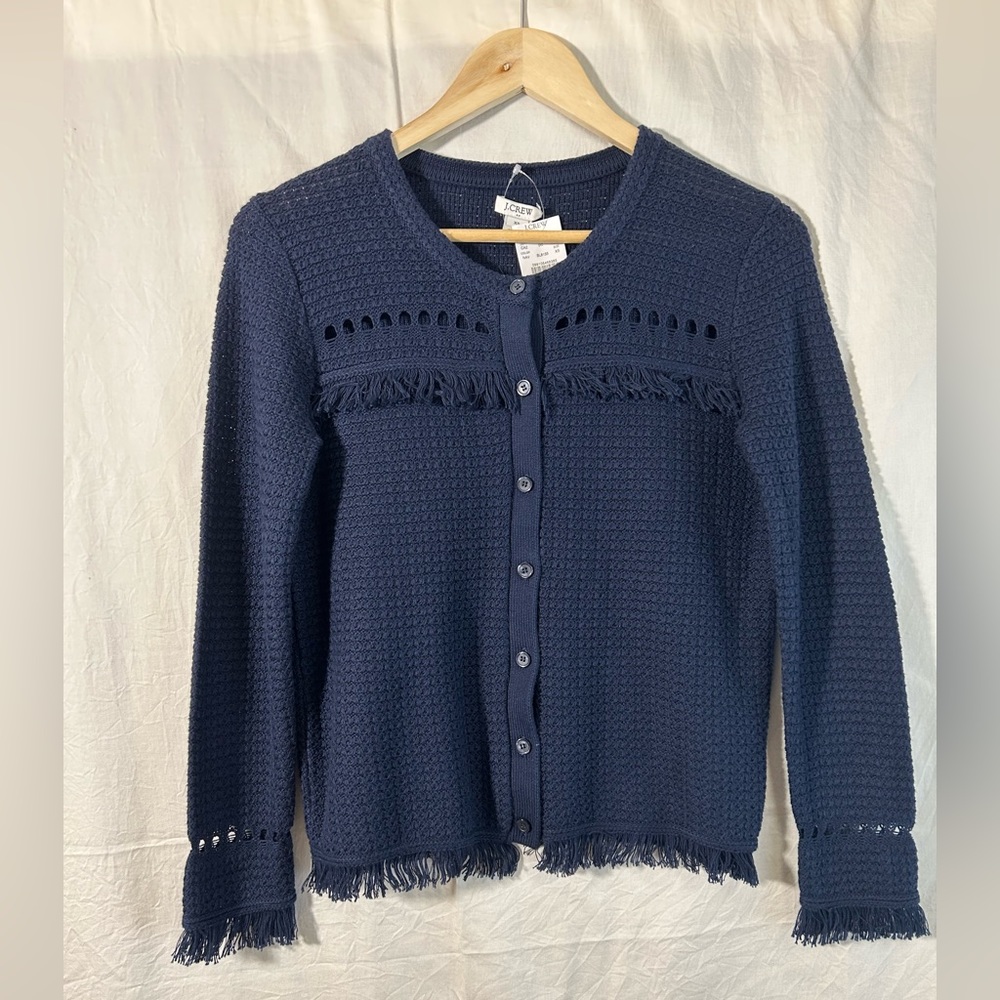 J Crew Factory Blue Open Knit Fringe Cardigan Sweater